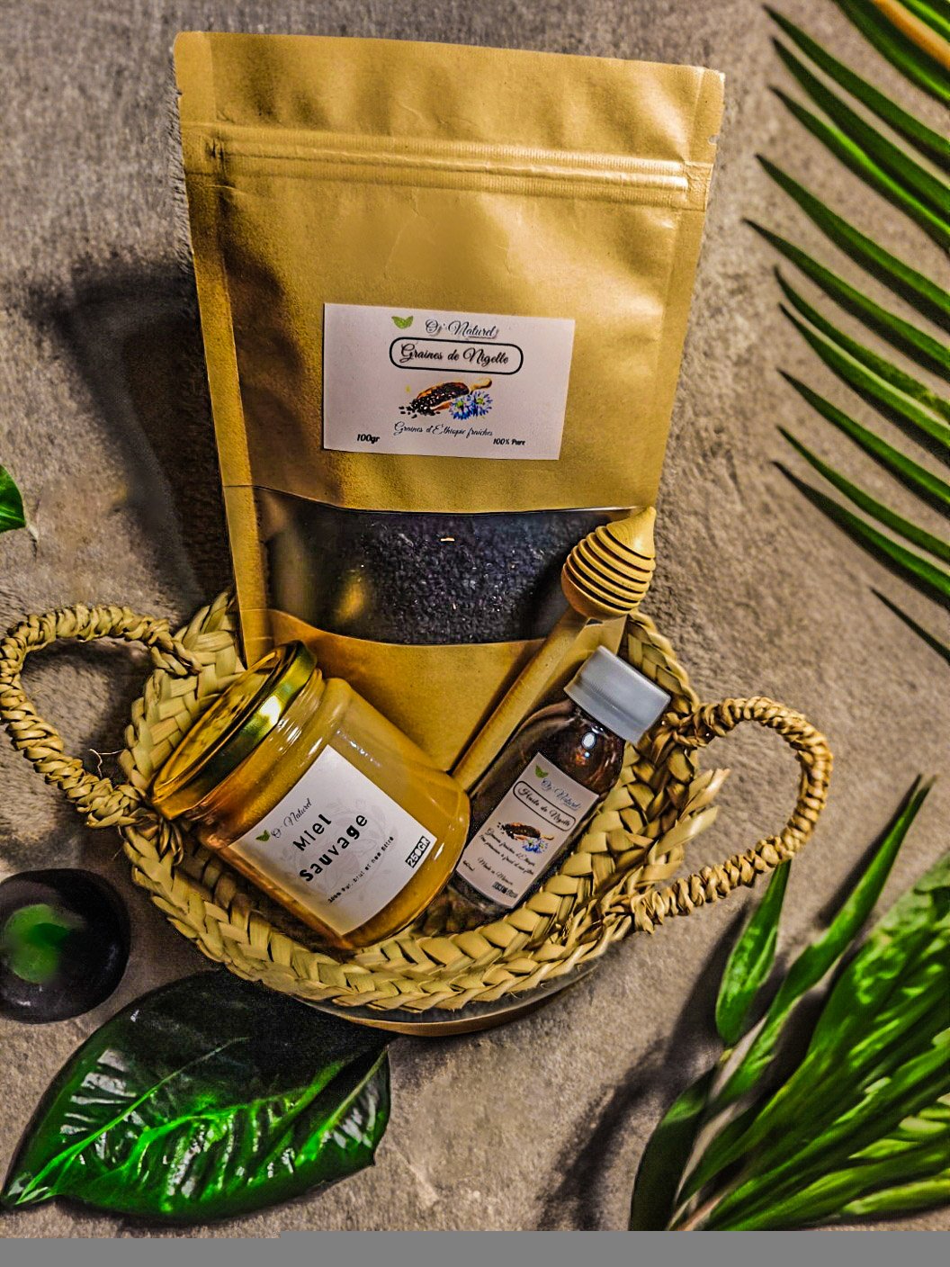 coffret avec huile de nigelle, miel, graine de nigelle
